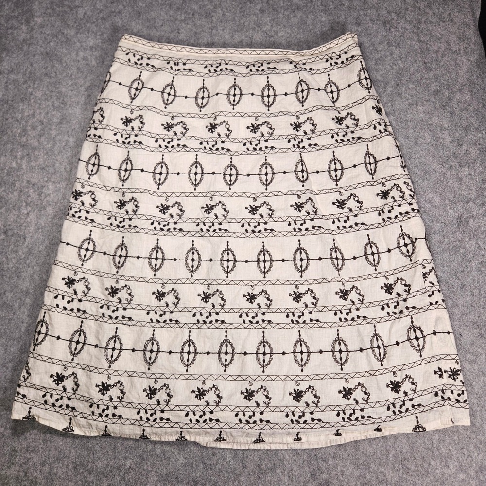 Ann Taylor LOFT Womens Cream A-Line Skirt Embroidered Linen Blend Boho Sz 12